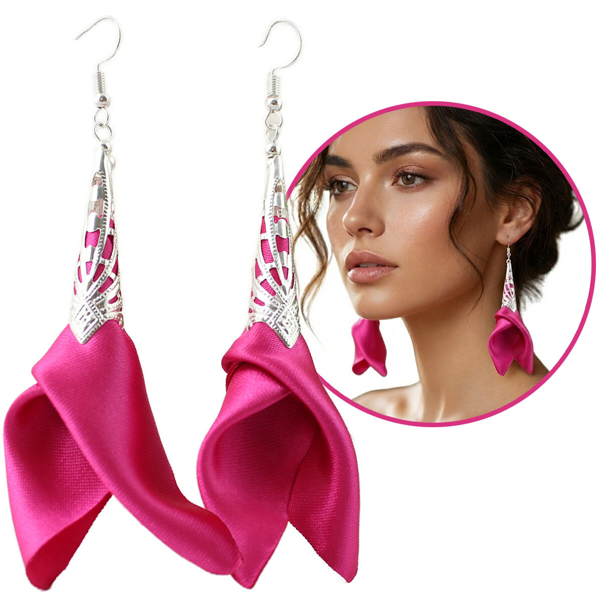 Kolczyki Kwiaty Materiałowe Fuksja Lume Design Długie, różowe kolczyki materiałowe w kolorze fuksji z ażurowym srebrnym wykończeniem