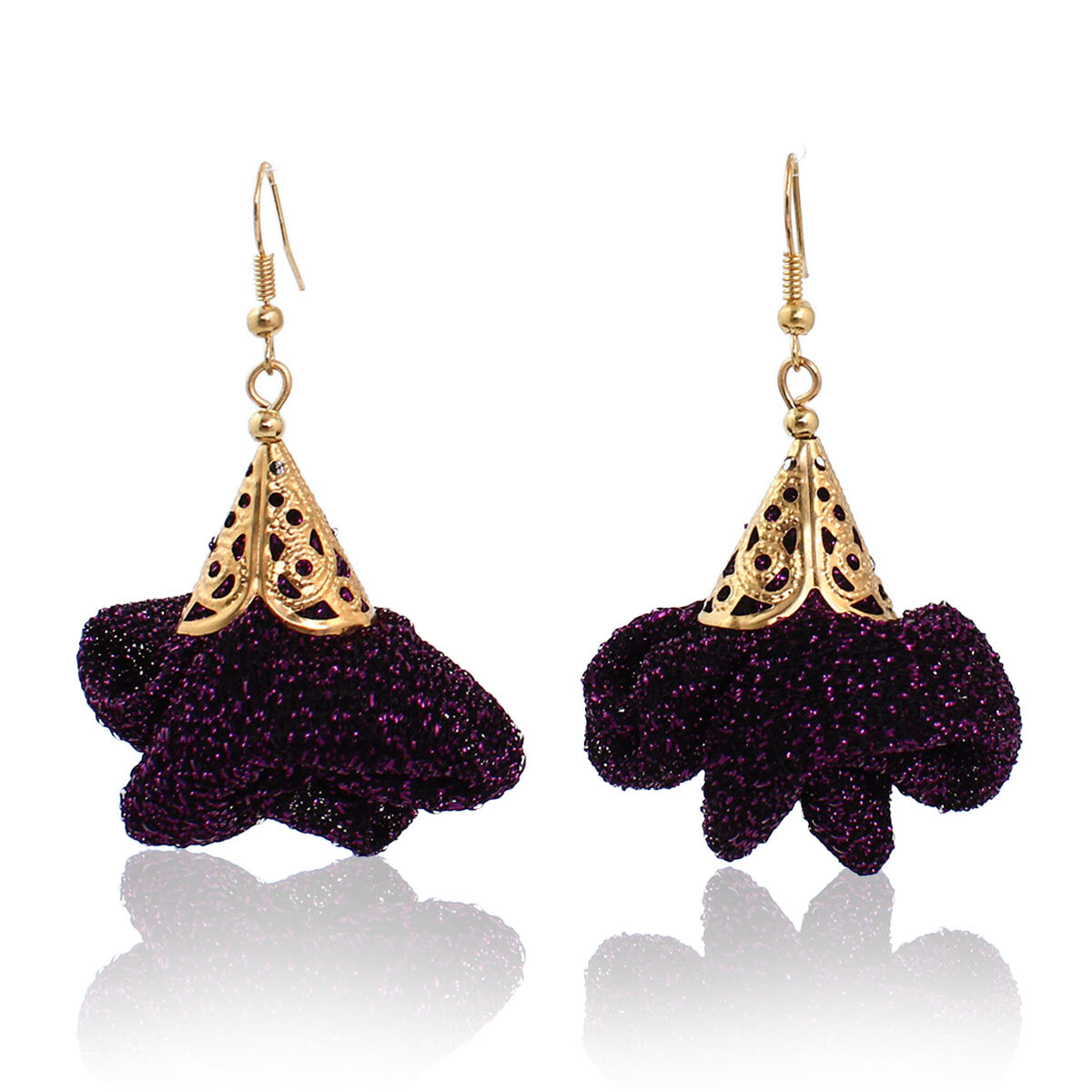 Kolczyki z tkaniny ciemny fiolet brokat złote wykończenia – Lume Design