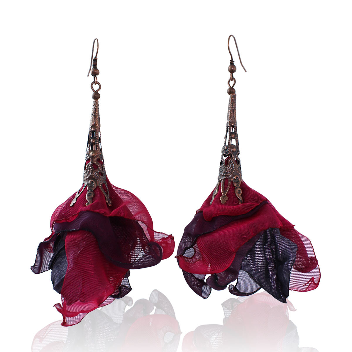 Kolczyki z tkaniny fiolet malinowy kwiaty witchy gothic – Lume Design