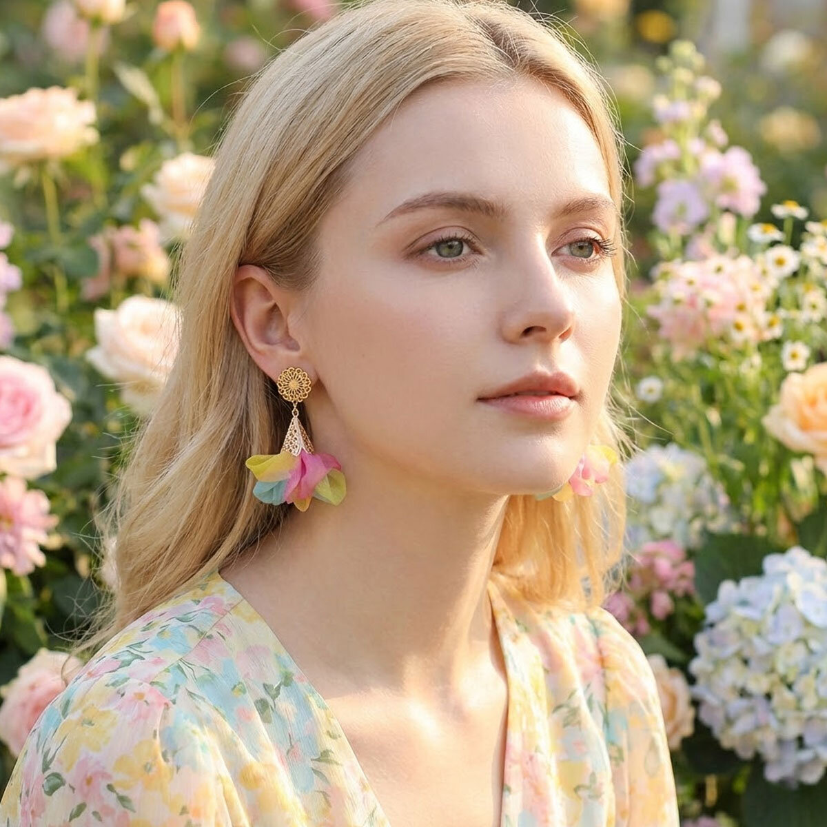 Kolczyki z tkaniny kolorowe lekkie kwiaty handmade pastelowe złote