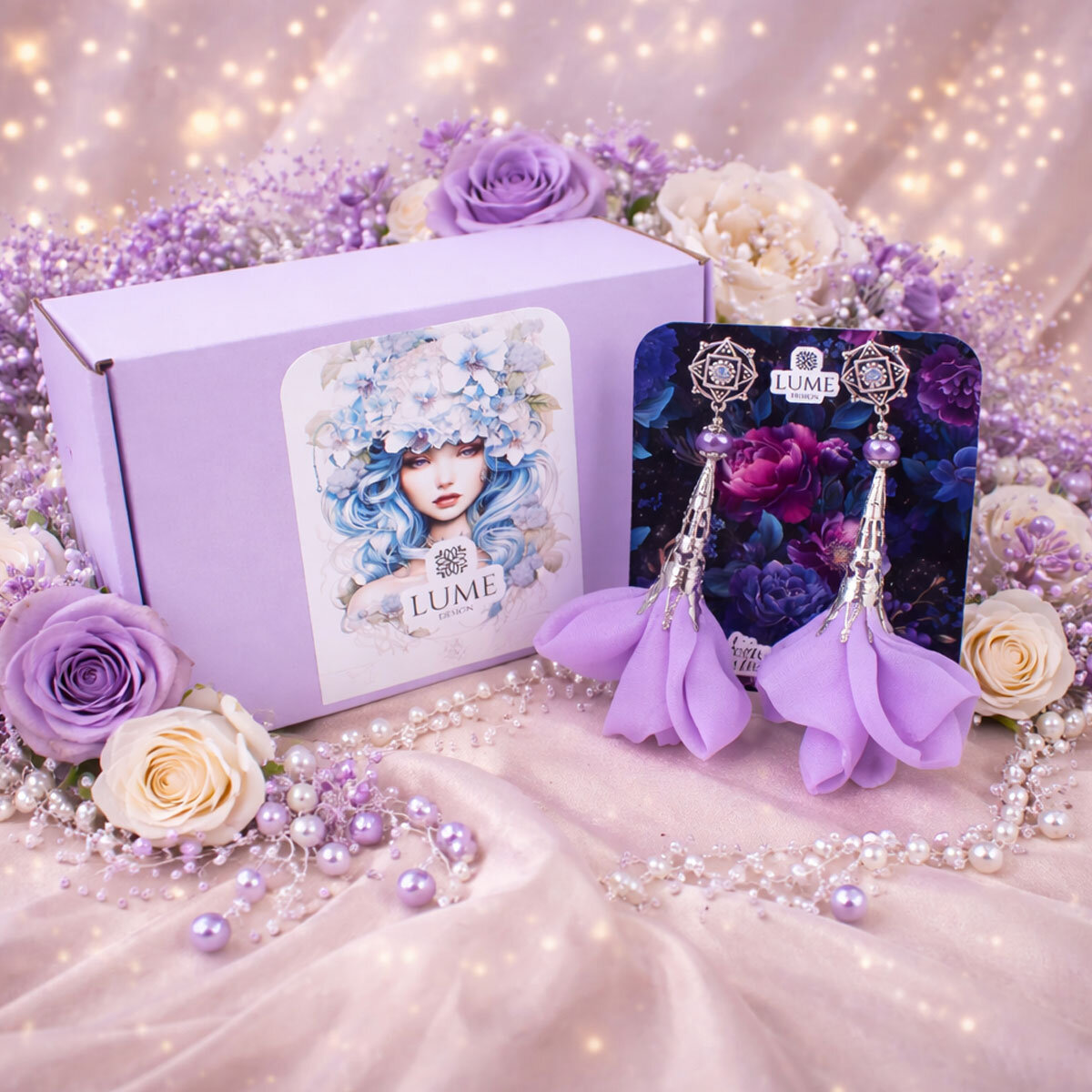 Kolczyki z tkaniny lawendowe wrzosowe długie lekkie handmade ażurowe