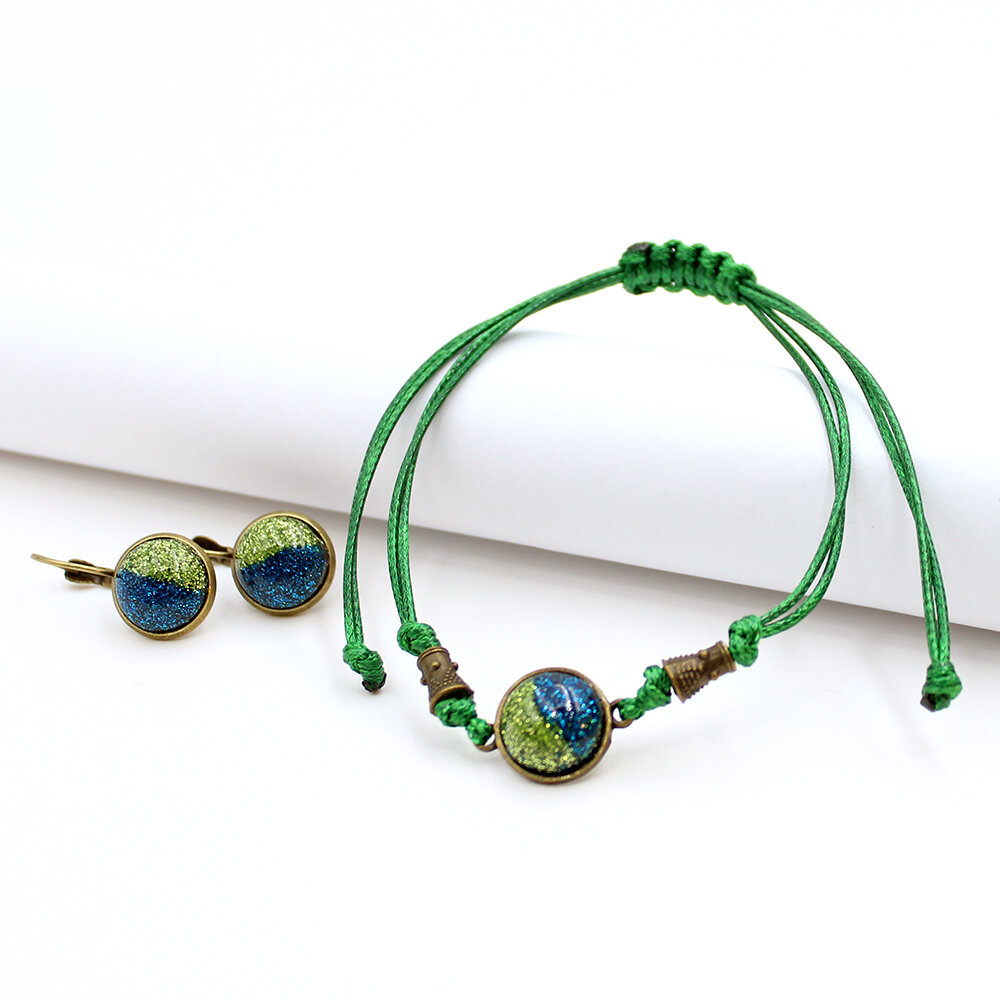 komplet biżuterii żywica sznurek zielona boho etno