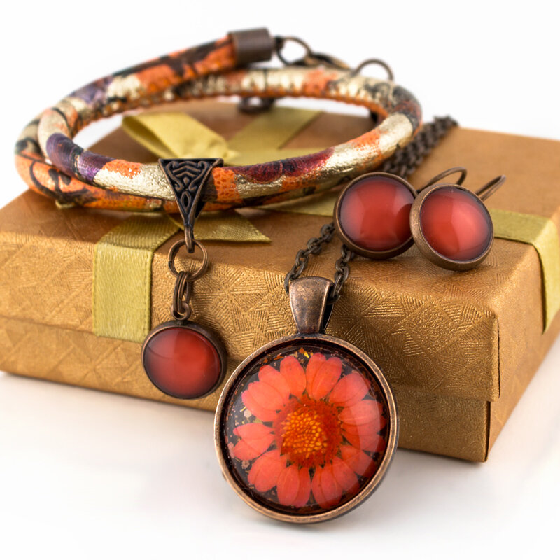Komplet Orange Boho Medalion Kolczyki Bransoletka Komplet Orange Boho Medalion Kolczyki Bransoletka