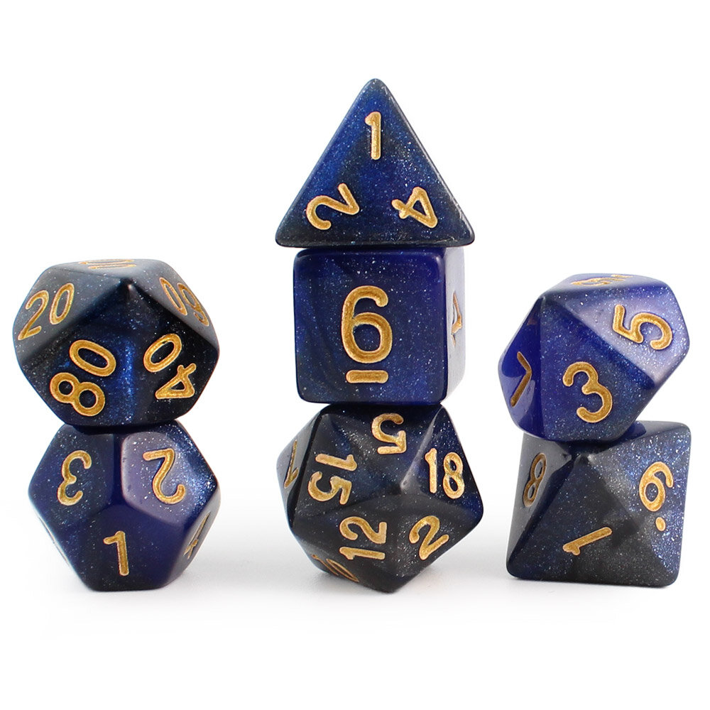 Zestaw 7 klasycznych akrylowych kości RPG w kolorze granatowym z brokatem i złotymi cyframi | Akrylowe Kości Sapphire Dust Lume Design