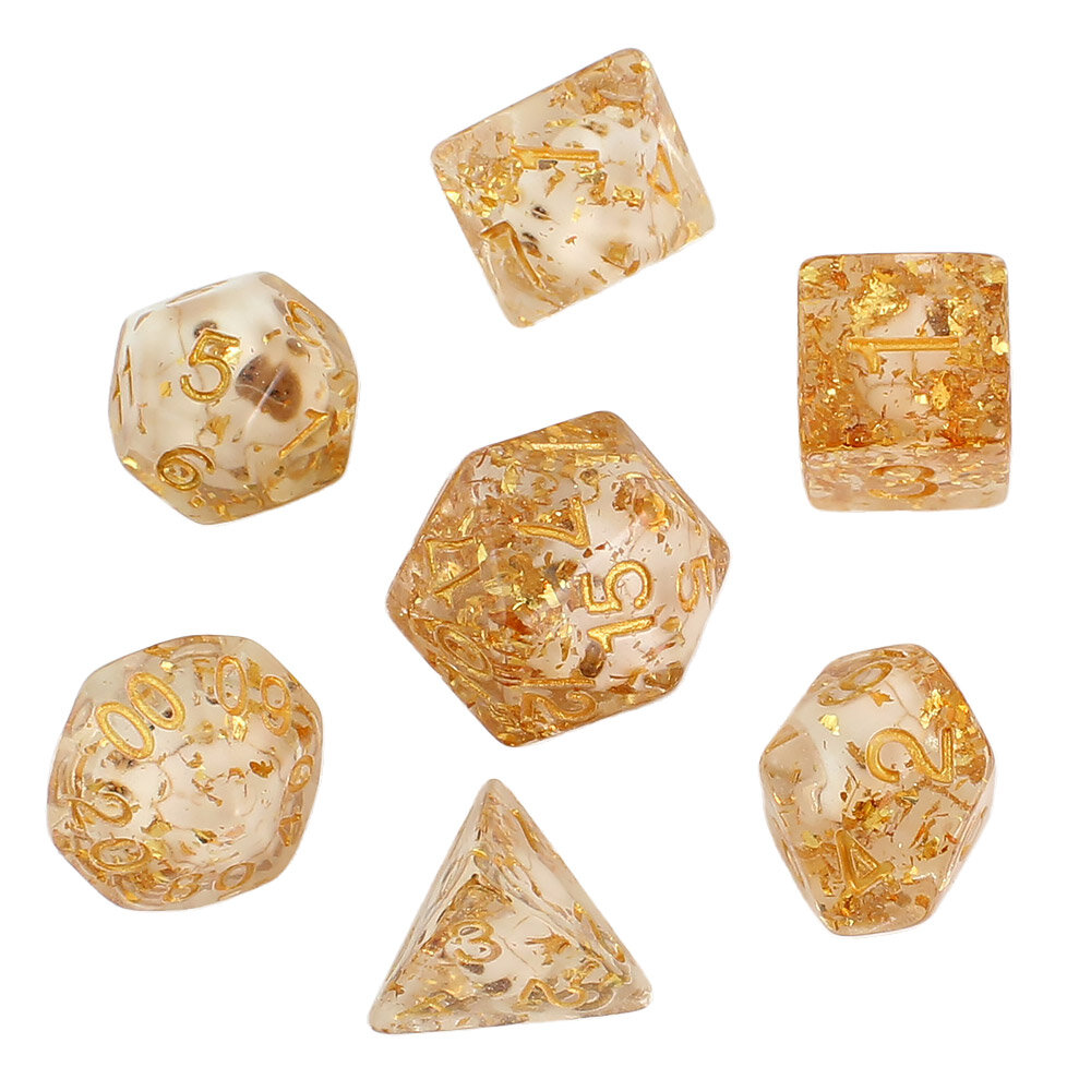 Zestaw 7 biało-złotych kości RPG z żywicy o zaokrąglonych krawędziach | Kości Żywiczne Outlet Veiled Skulls Lume Design