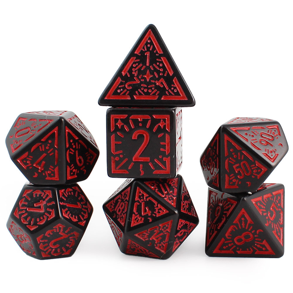 Zestaw 7 czarnych akrylowych kości RPG z czerwonymi runami, ramkami i cyframi | Akrylowe Kości Infernal Runes Lume Design Zestaw 7 czarnych akrylowych kości RPG z czerwonymi runami, ramkami i cyframi | Akrylowe Kości Infernal Runes Lume Design