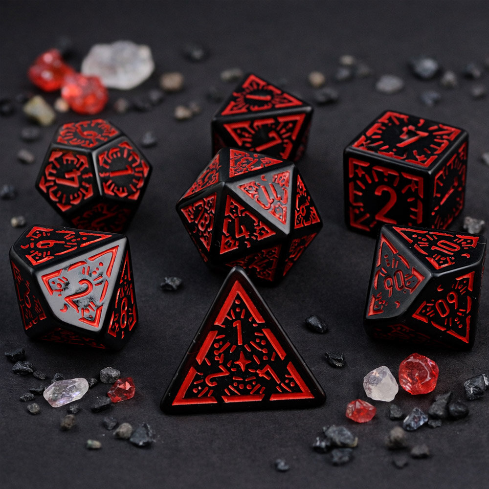 Zestaw 7 czarnych akrylowych kości RPG z czerwonymi runami, ramkami i cyframi | Akrylowe Kości Infernal Runes Lume Design Zestaw 7 czarnych akrylowych kości RPG z czerwonymi runami, ramkami i cyframi | Akrylowe Kości Infernal Runes Lume Design
