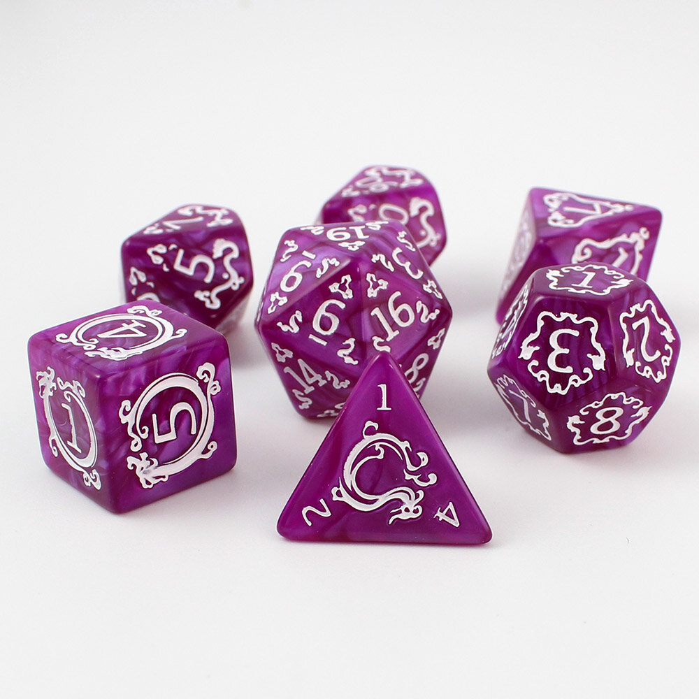 Fioletowe kości RPG Zestaw fioletowych kości wielościennych Dragon's Amethyst ze smoczym motywem.