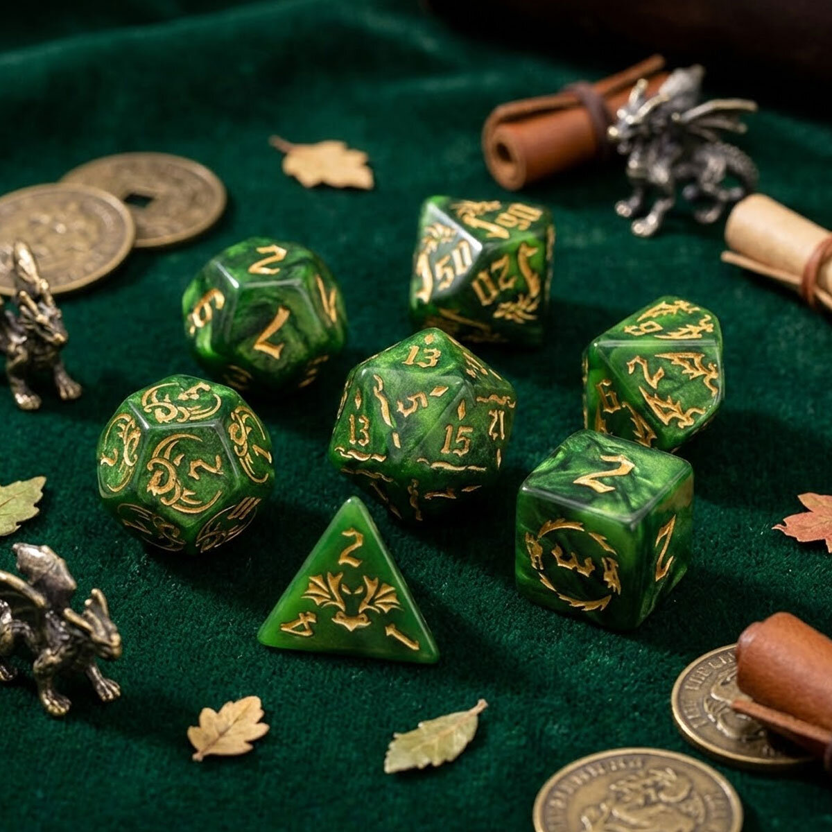 Kości smocze zielono-złote komplet Zestaw kości RPG Dragon's Jade zielone ze smokami