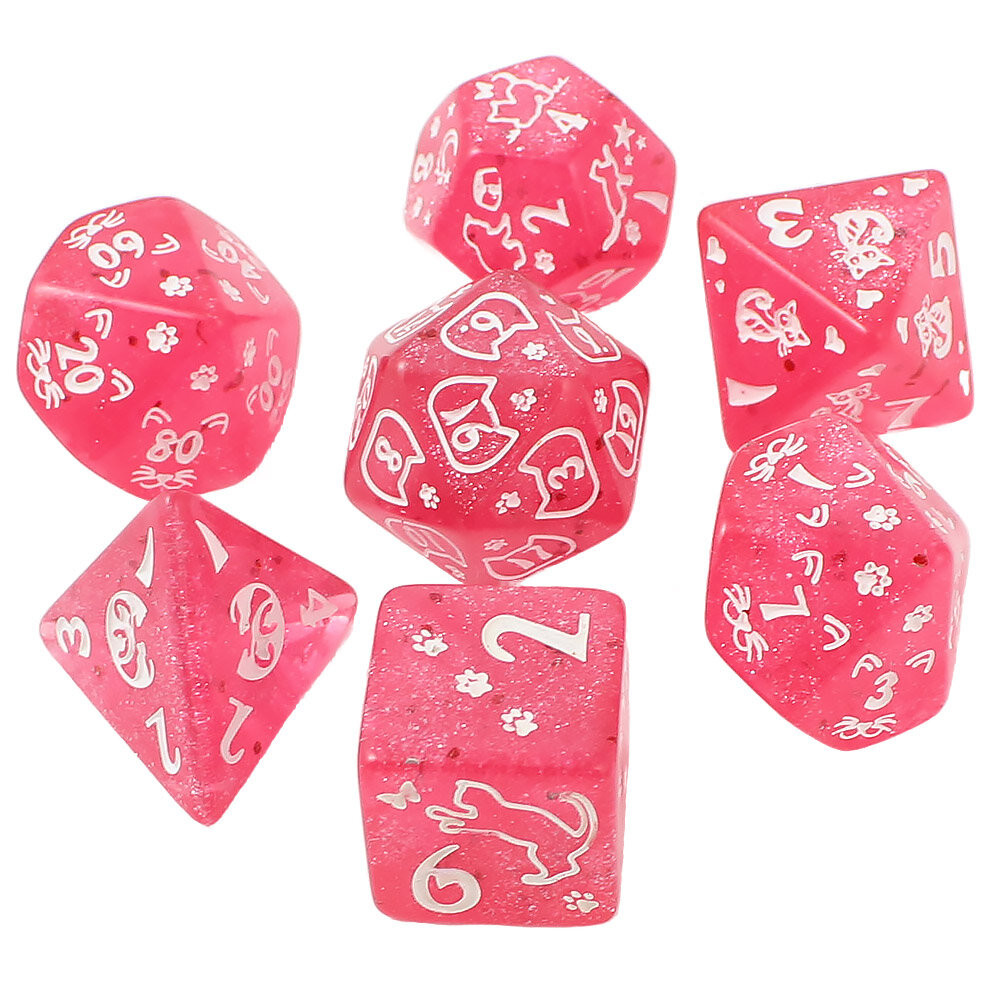 Zestaw malinowych kości wielościennych Cat Magic z brokatem i wzorem w urocze koty.