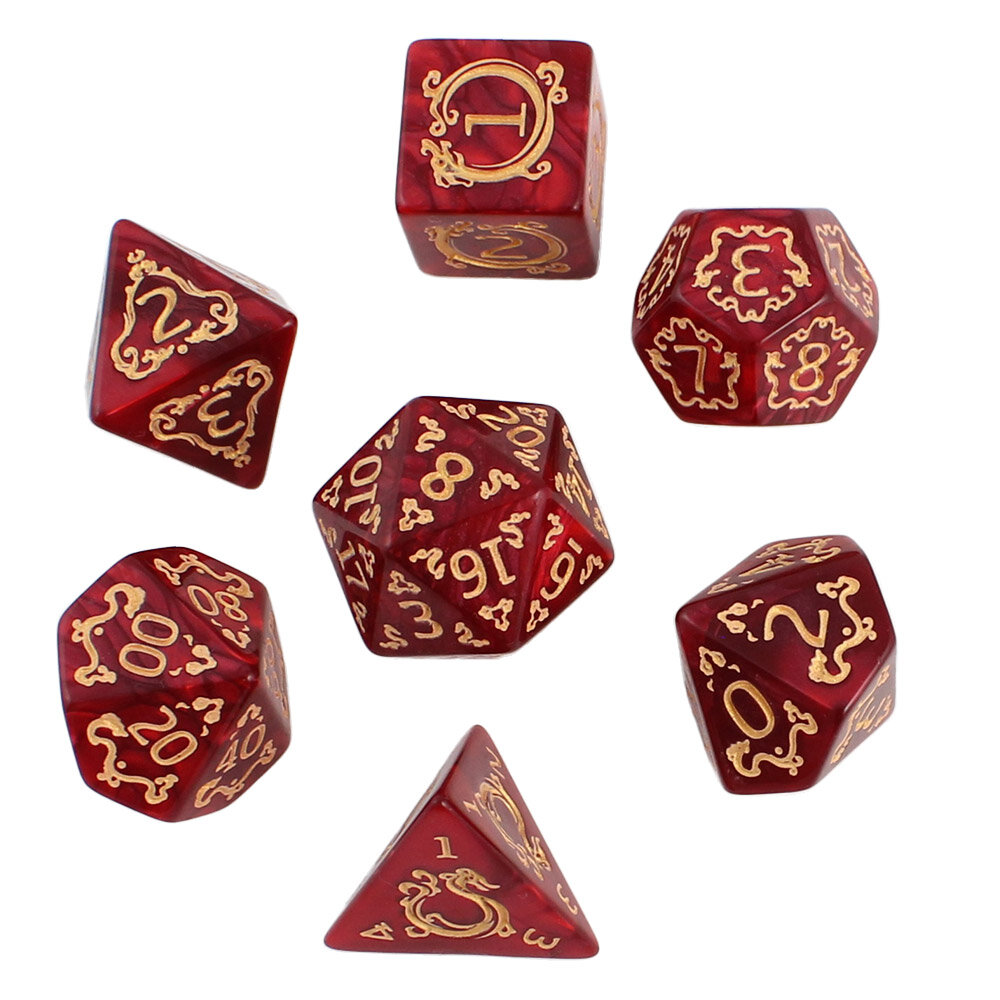 Zestaw 7 akrylowych kości RPG o zaokrąglonych krawędziach w kolorze czerwonego marmuru ze zdobieniami smoków | Akrylowe Kości Dragon's Ruby Lume Design