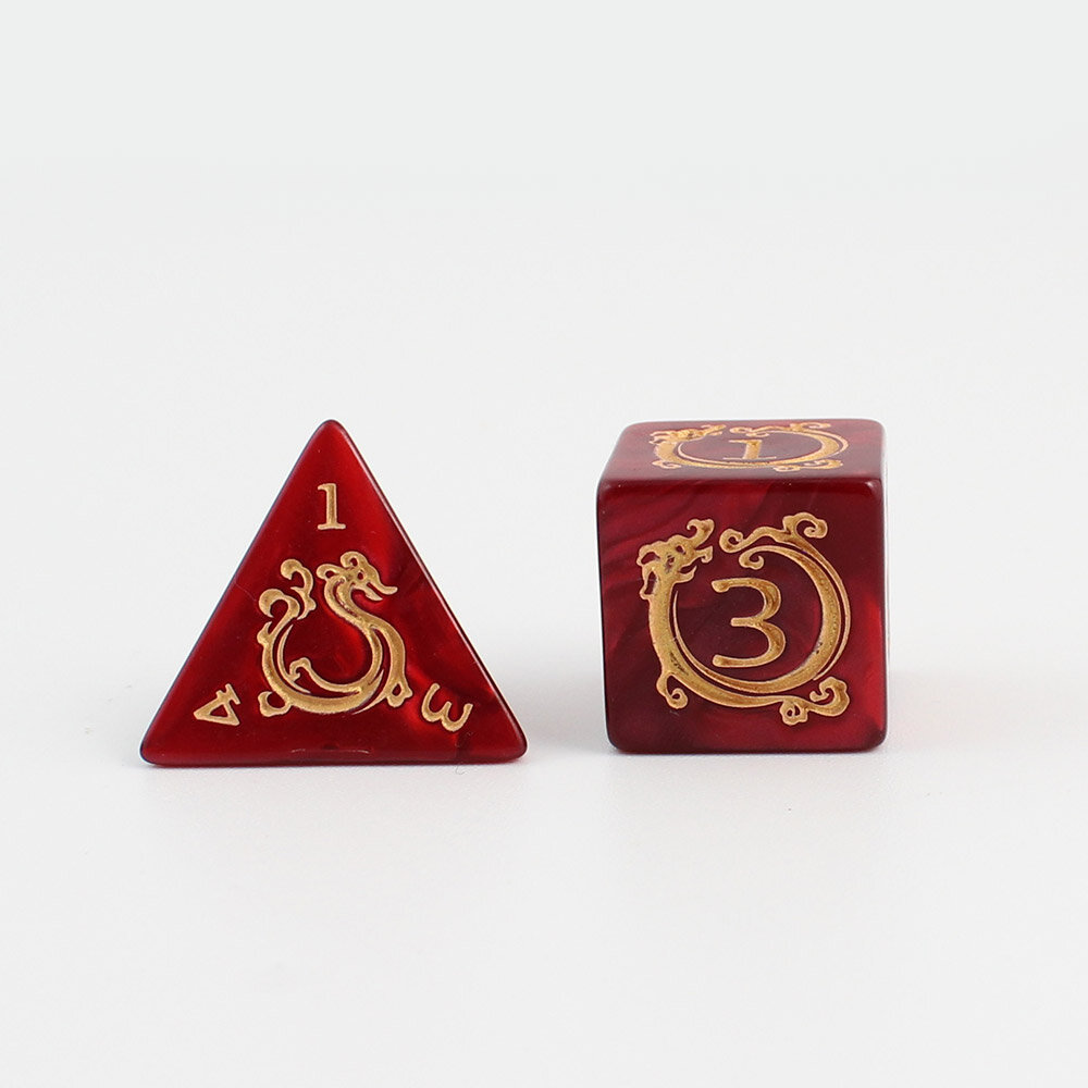 Zestaw 7 akrylowych kości RPG o zaokrąglonych krawędziach w kolorze czerwonego marmuru ze zdobieniami smoków | Akrylowe Kości Dragon's Ruby Lume Design