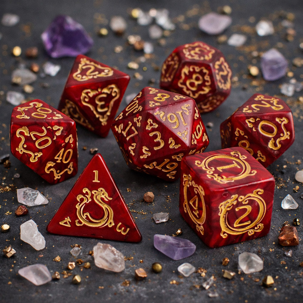 Zestaw 7 akrylowych kości RPG o zaokrąglonych krawędziach w kolorze czerwonego marmuru ze zdobieniami smoków | Akrylowe Kości Dragon's Ruby Lume Design