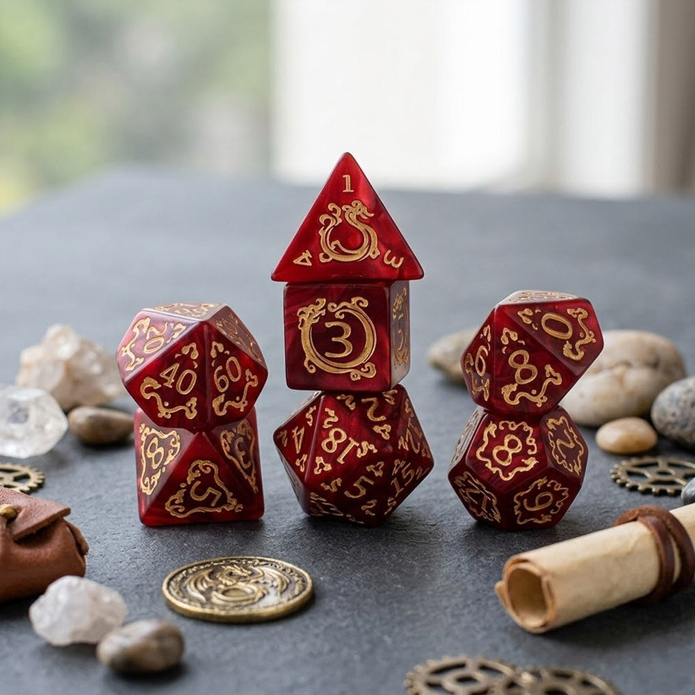Zestaw 7 akrylowych kości RPG o zaokrąglonych krawędziach w kolorze czerwonego marmuru ze zdobieniami smoków | Akrylowe Kości Dragon's Ruby Lume Design