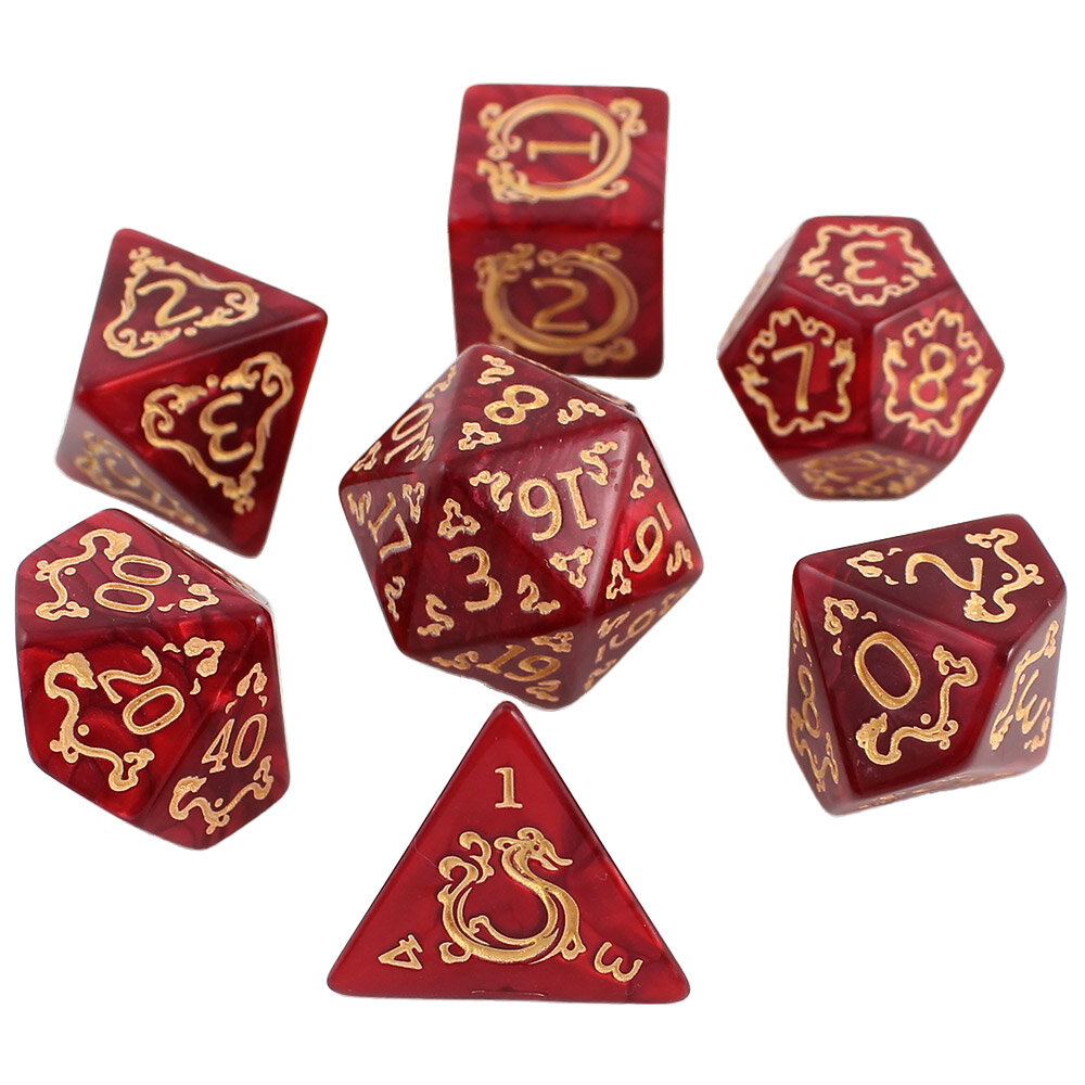 Zestaw 7 akrylowych kości RPG o zaokrąglonych krawędziach w kolorze czerwonego marmuru ze zdobieniami smoków | Akrylowe Kości Dragon's Ruby Lume Design