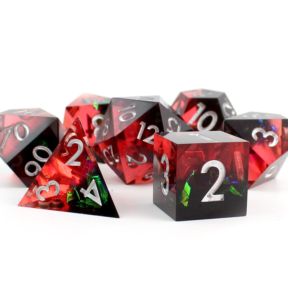 Zestaw 7 kości RPG z żywicy z ostrymi krawędziami w kolorze czarno-czerwonym z folią holograficzną | Kości RPG Void Reaper Lume Design