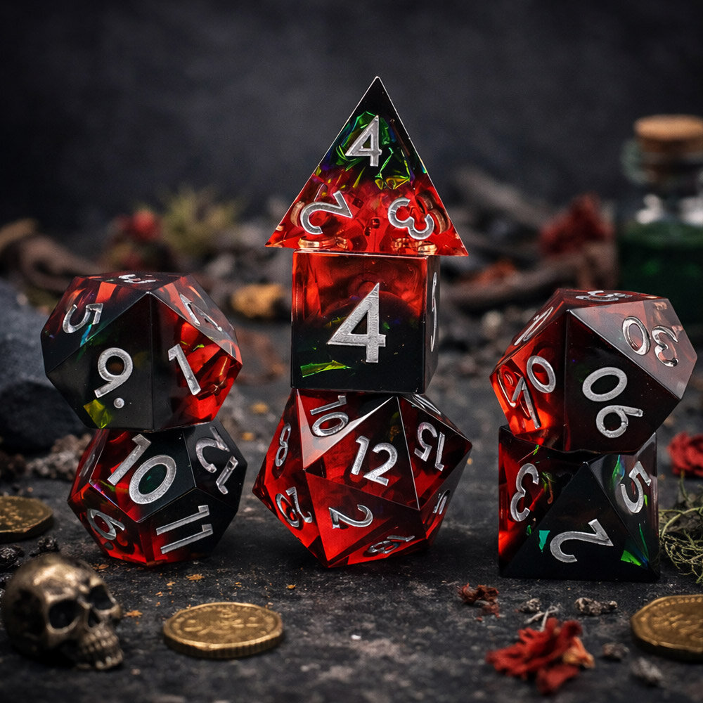 Zestaw 7 kości RPG z żywicy z ostrymi krawędziami w kolorze czarno-czerwonym z folią holograficzną | Kości RPG Void Reaper Lume Design