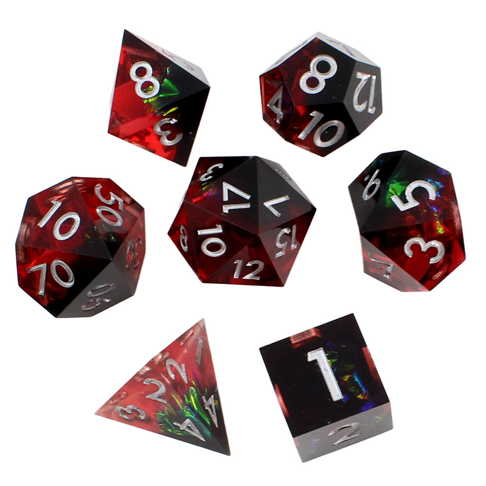 Zestaw 7 kości RPG z żywicy z ostrymi krawędziami w kolorze czarno-czerwonym z folią holograficzną | Kości RPG Void Reaper Lume Design