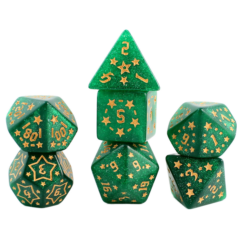 Zestaw 7 akrylowych kości RPG w zielonym kolorze ze złotymi gwiazdkami i cyframi | Akrylowe Kości Emerald Stars Lume Design