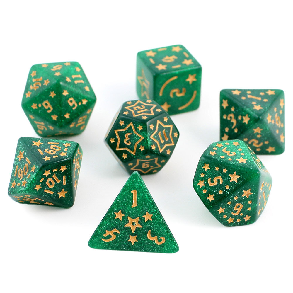 Zestaw 7 akrylowych kości RPG w zielonym kolorze ze złotymi gwiazdkami i cyframi | Akrylowe Kości Emerald Stars Lume Design