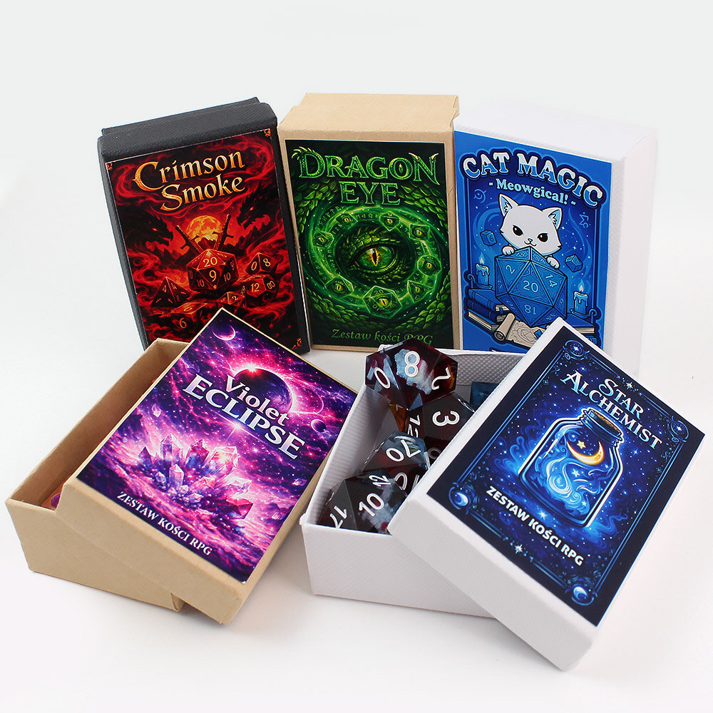 Zestaw malinowych kości wielościennych Cat Magic z brokatem i wzorem w urocze koty.