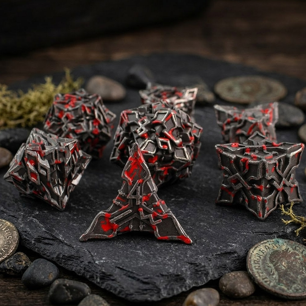 Metalowe czarne kości RPG z czerwonymi odpryskami farby imitującymi krew | Kości Metalowe Bloodied Iron Lume Design
