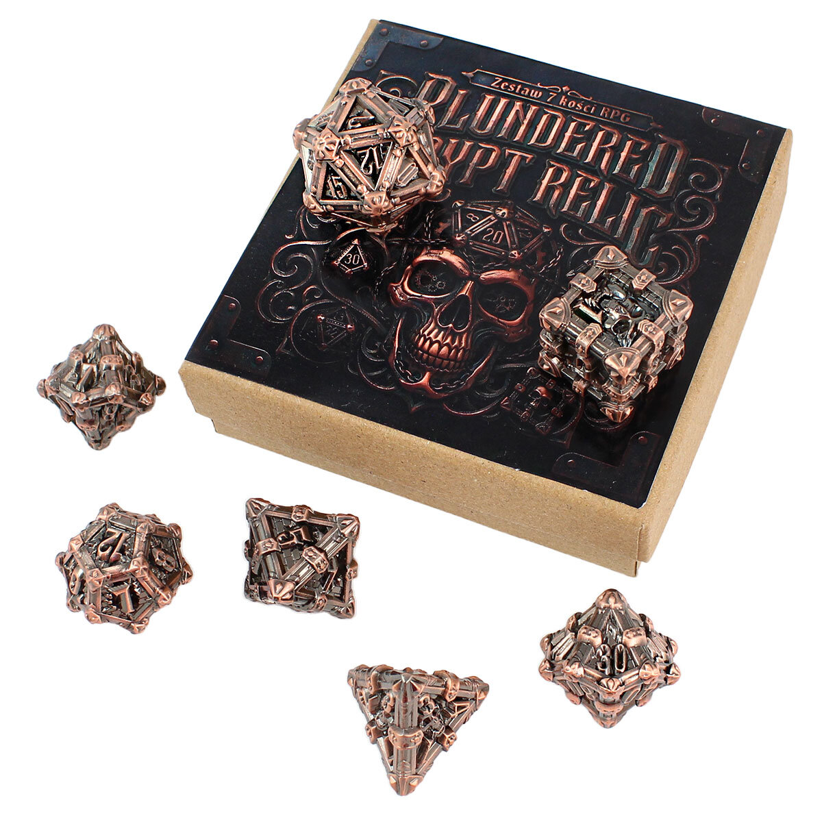 Zestaw ciężkich metalowych kości RPG Plundered Crypt Relic oksydowana miedź czaszki
