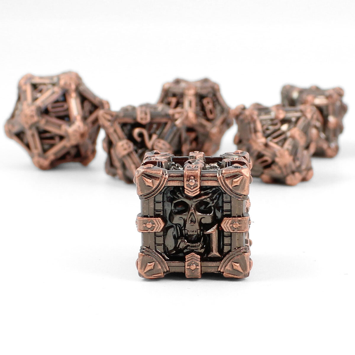 Zestaw ciężkich metalowych kości RPG Plundered Crypt Relic oksydowana miedź czaszki