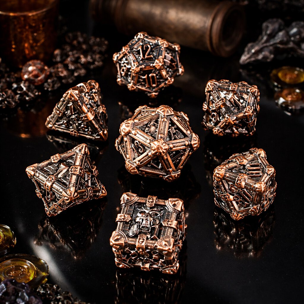 Zestaw ciężkich metalowych kości RPG Plundered Crypt Relic oksydowana miedź czaszki