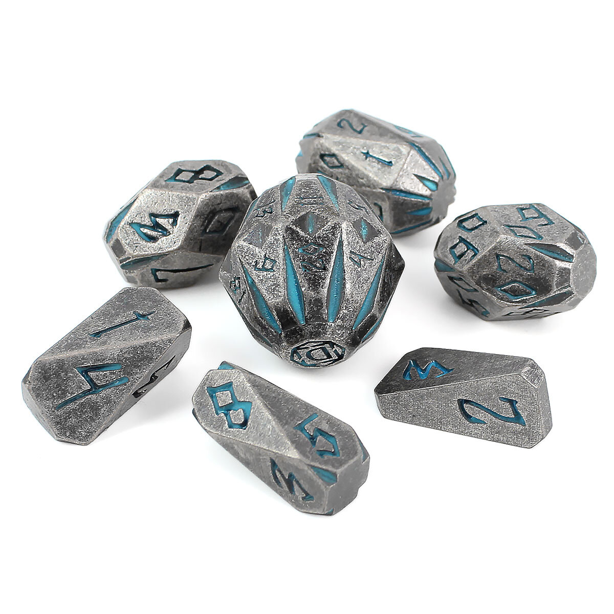 Zestaw ciężkich metalowych kości RPG Ancient Monolith Stonehenge świecące niebieskie runy