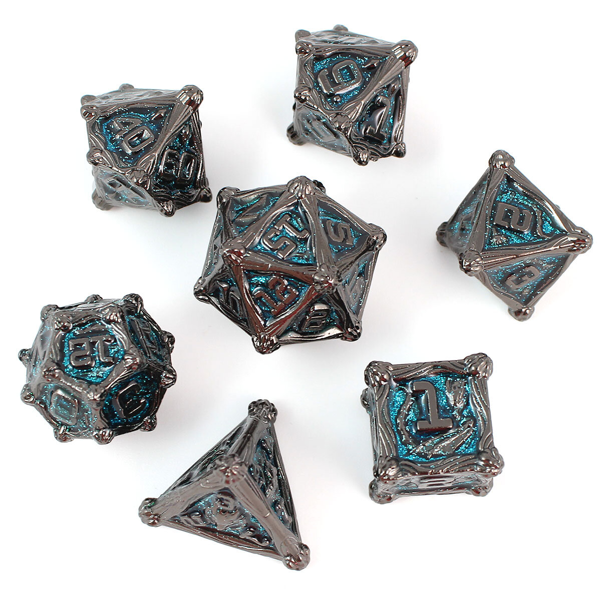 Zestaw ciężkich metalowych kości RPG Azure Dragon's Soul niebieski brokat gunmetal