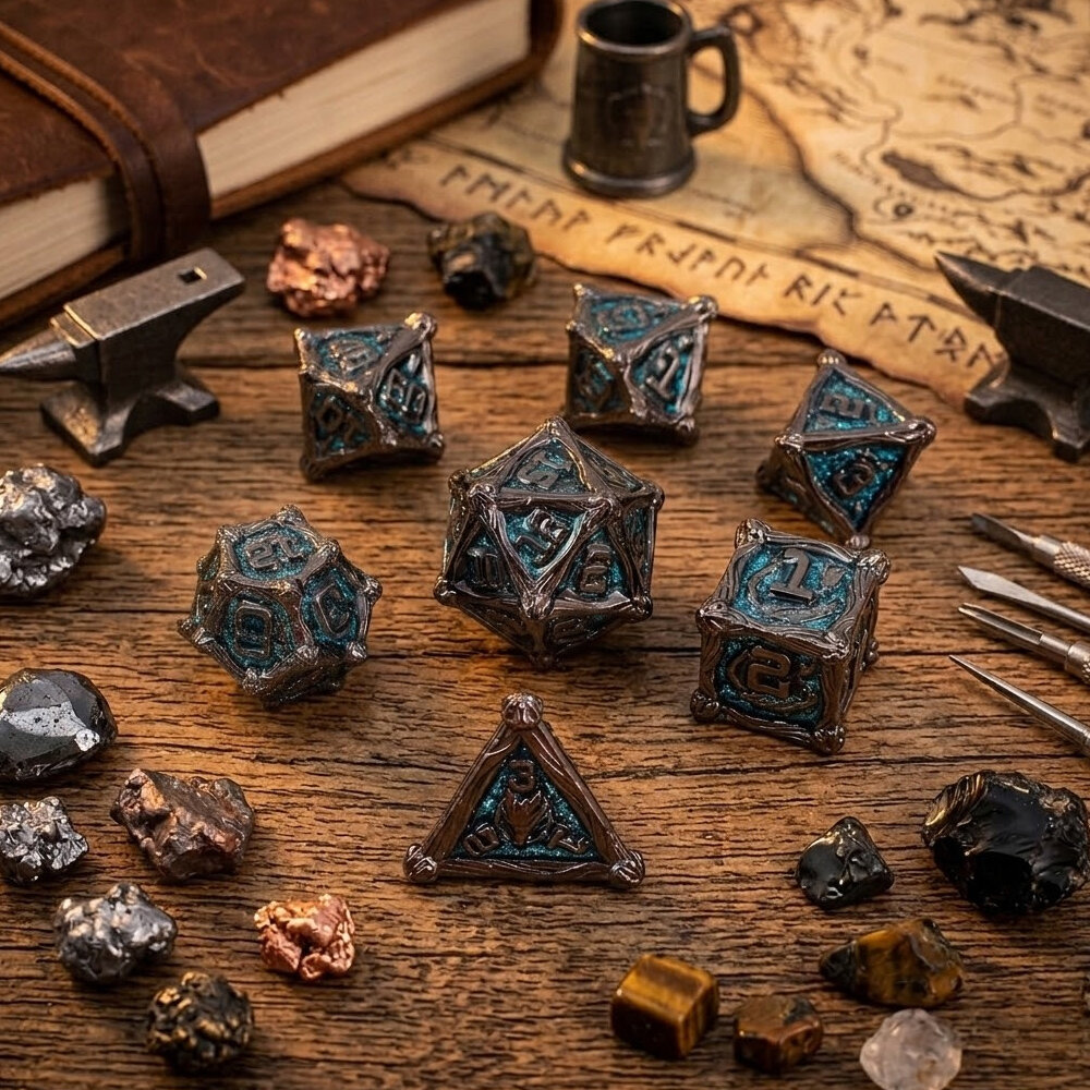 Zestaw ciężkich metalowych kości RPG Azure Dragon's Soul niebieski brokat gunmetal