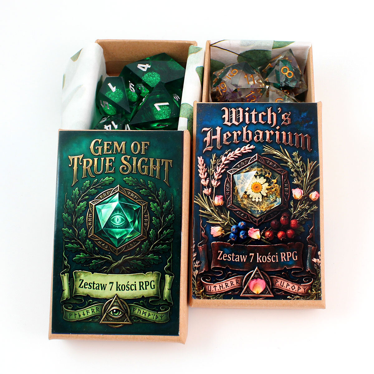 Zestaw kości RPG Witch's Herbarium z przezroczystej żywicy z suszonymi kwiatami