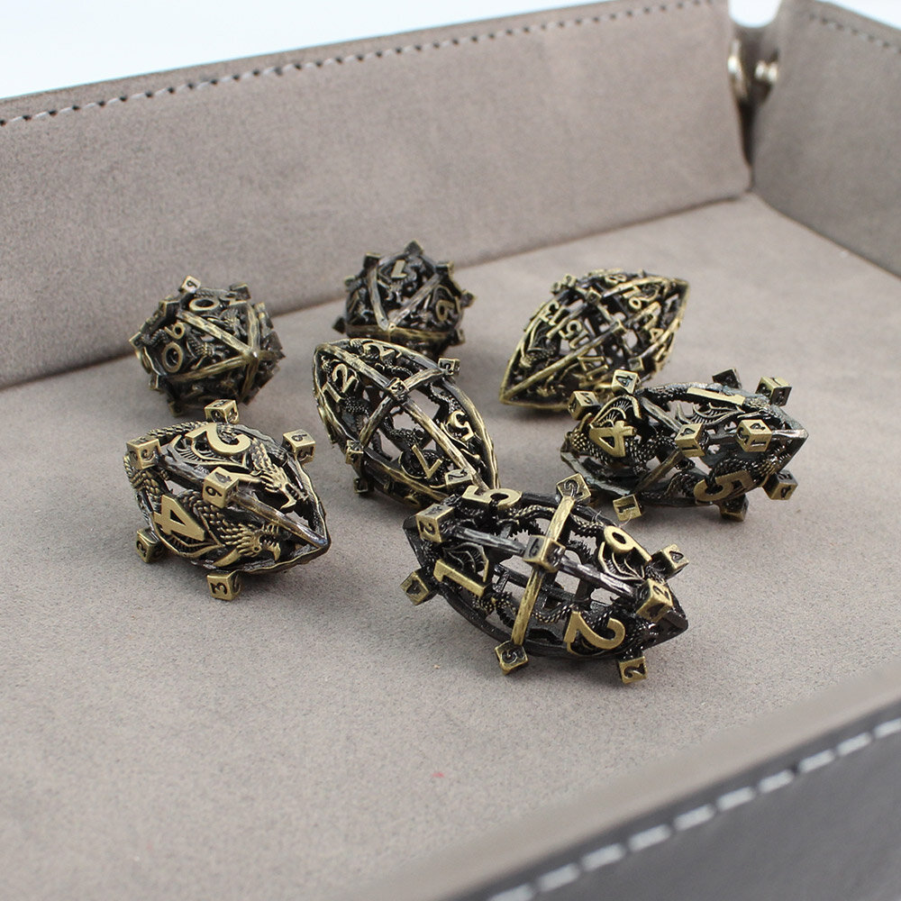 Metalowe ażurowe kości RPG w kształcie smoczych jaj ze wzorem chińskiego smoka | Kości Metalowe Serpent Dragon Eggs Lume Design