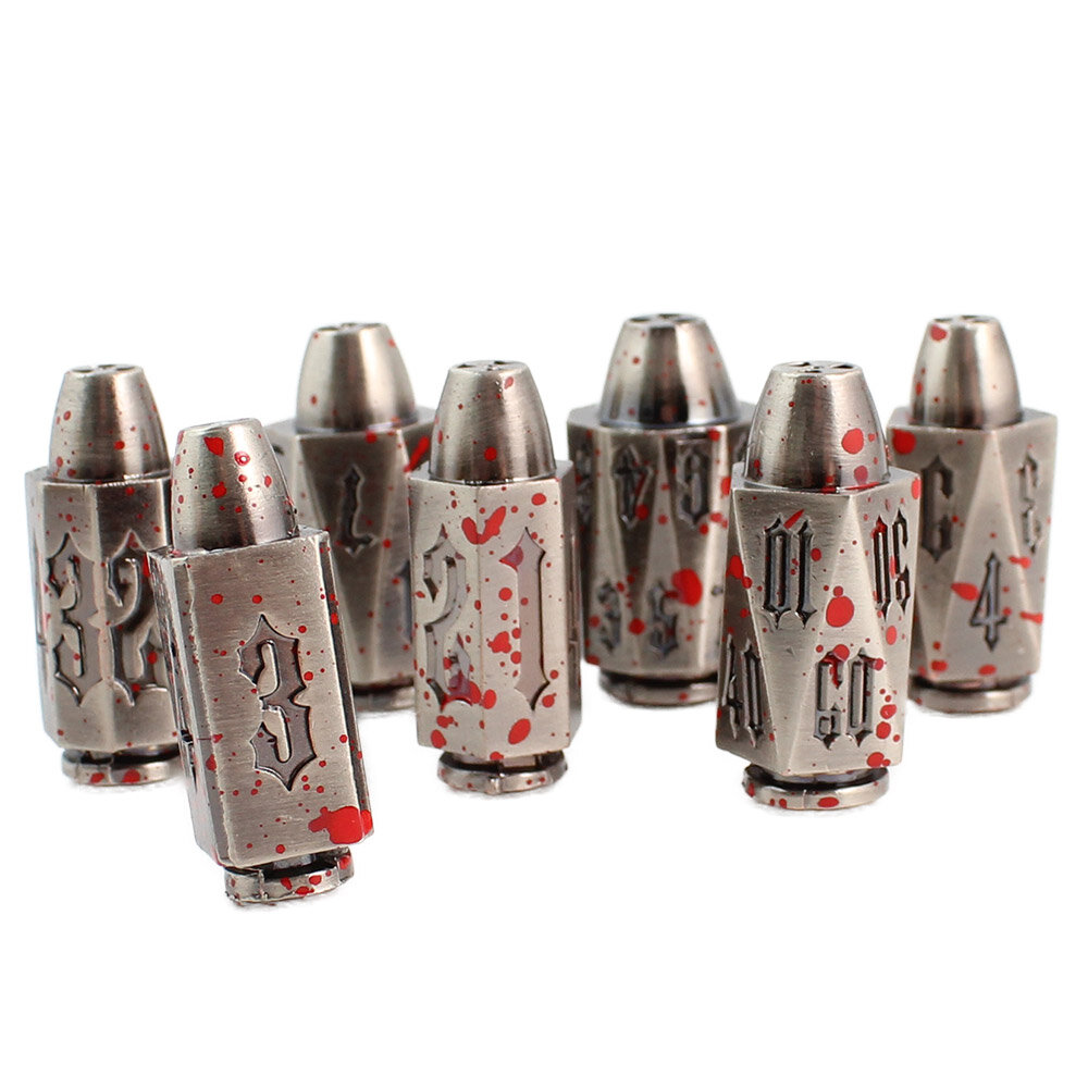 Zestaw 7 metalowych kości RPG o kształcie pocisków z krwawymi śladami w kolorze ciemnego srebra | Kości Metalowe Naboje Bloodied Bullets Lume Design