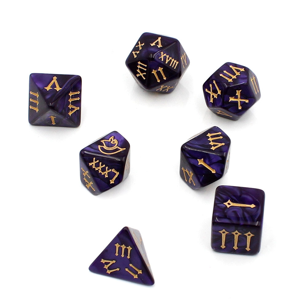 Kości fioletowe z rzymskimi cyframi komplet Zestaw kości RPG Roman Empire z cyframi rzymskimi fioletowe
