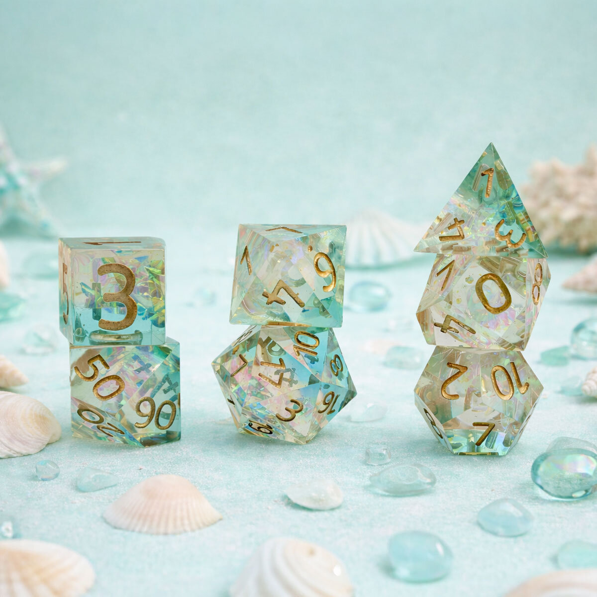 Zestaw kości RPG Sharp Edge Aurora Mint miętowe holograficzne