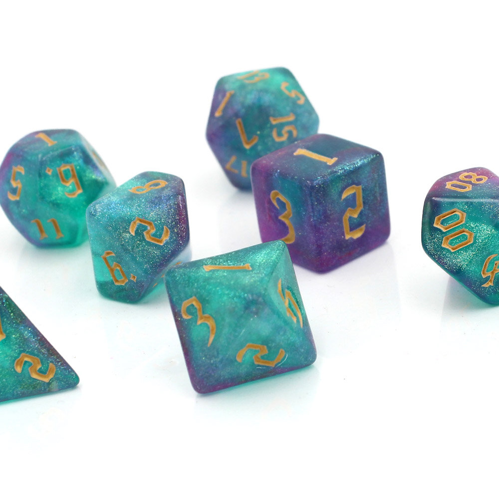 Dwukolorowe kości RPG z brokatem komplet Zestaw kości RPG Aurora Dreams turkusowo-fioletowe z brokatem