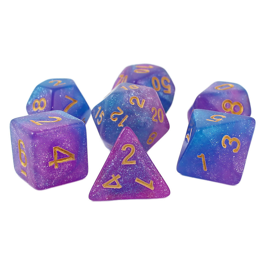 Zestaw brokatowych kości RPG Astro Dust w kolorach niebieskim i fioletowym ze złotymi cyframi.