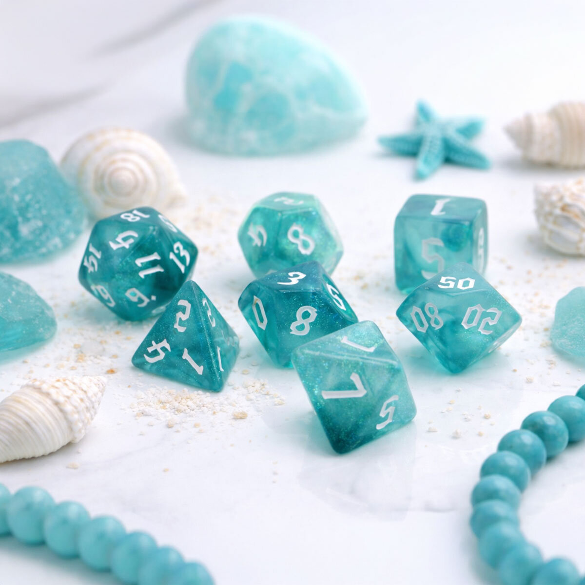 Zestaw kości RPG Oceanic Shimmer turkusowe z brokatem