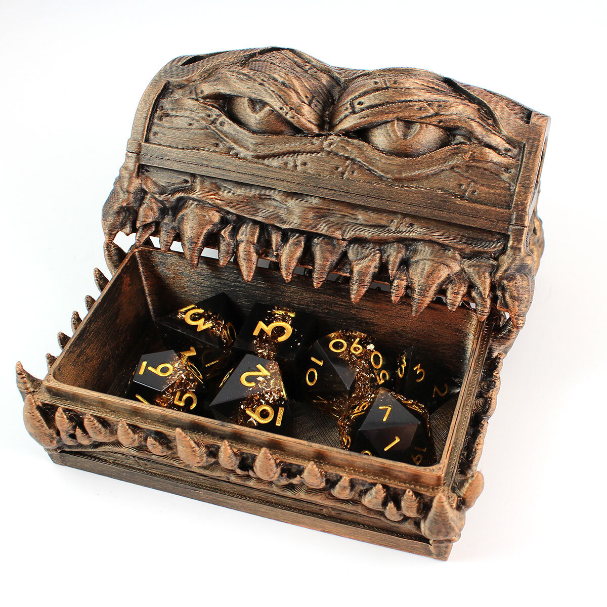 Zestaw kości RPG Ancient Gold Vein Ore czarne ze złotymi drobinkami ostre krawędzie