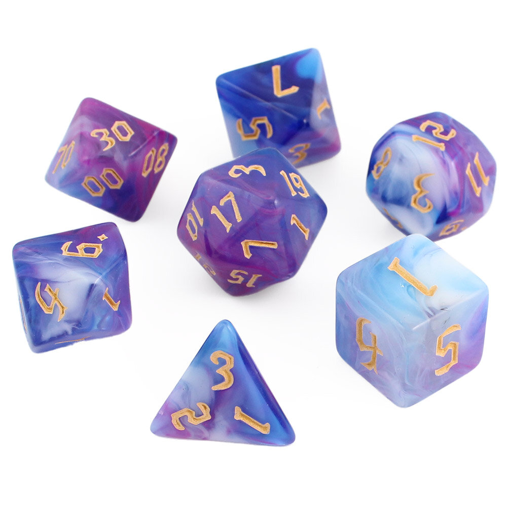 Zestaw 7 akrylowych kości RPG o zaokrąglonych krawędziach ze wzorem dymu w odcieniach fioletu, błękitu i bieli | Akrylowe Kości Twilight Mist Lume Design