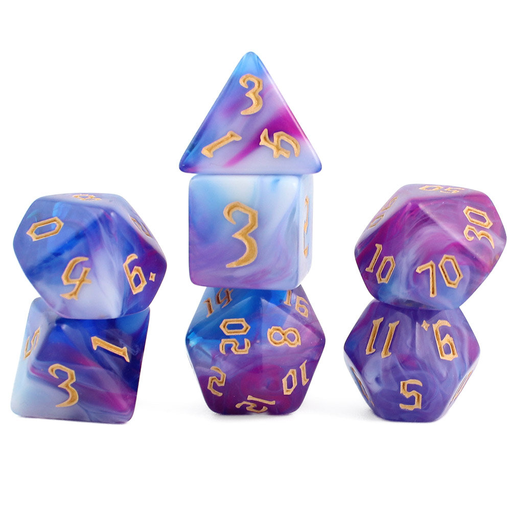 Zestaw 7 akrylowych kości RPG o zaokrąglonych krawędziach ze wzorem dymu w odcieniach fioletu, błękitu i bieli | Akrylowe Kości Twilight Mist Lume Design
