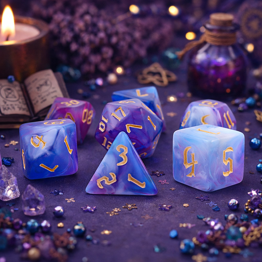 Zestaw 7 akrylowych kości RPG o zaokrąglonych krawędziach ze wzorem dymu w odcieniach fioletu, błękitu i bieli | Akrylowe Kości Twilight Mist Lume Design
