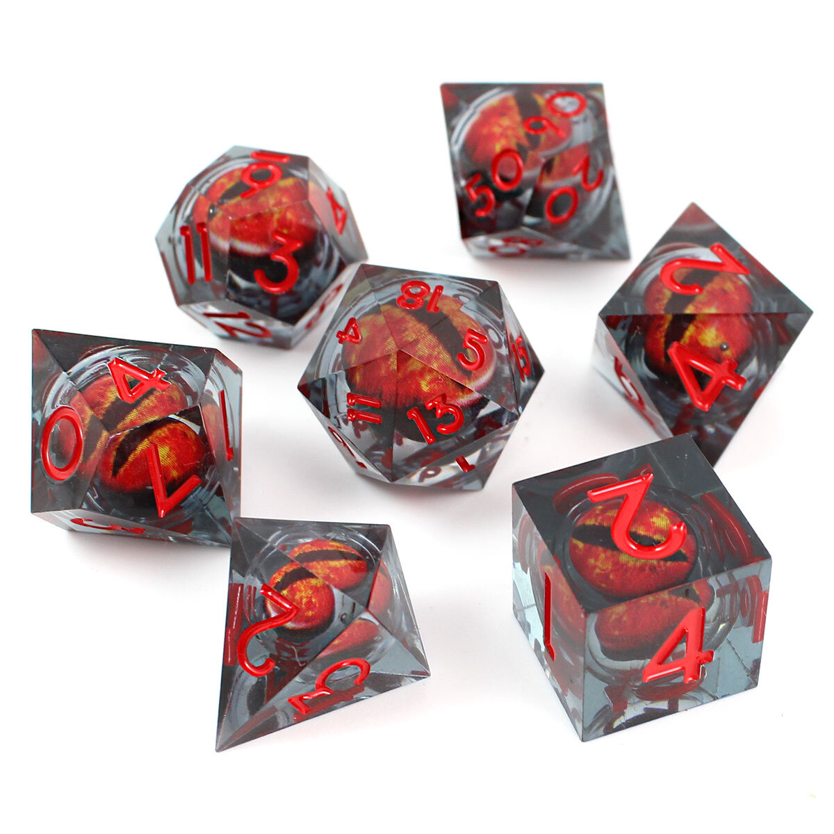 Zestaw kości RPG Red Wyrm's Eye Liquid Core z ruchomym czerwonym okiem smoka