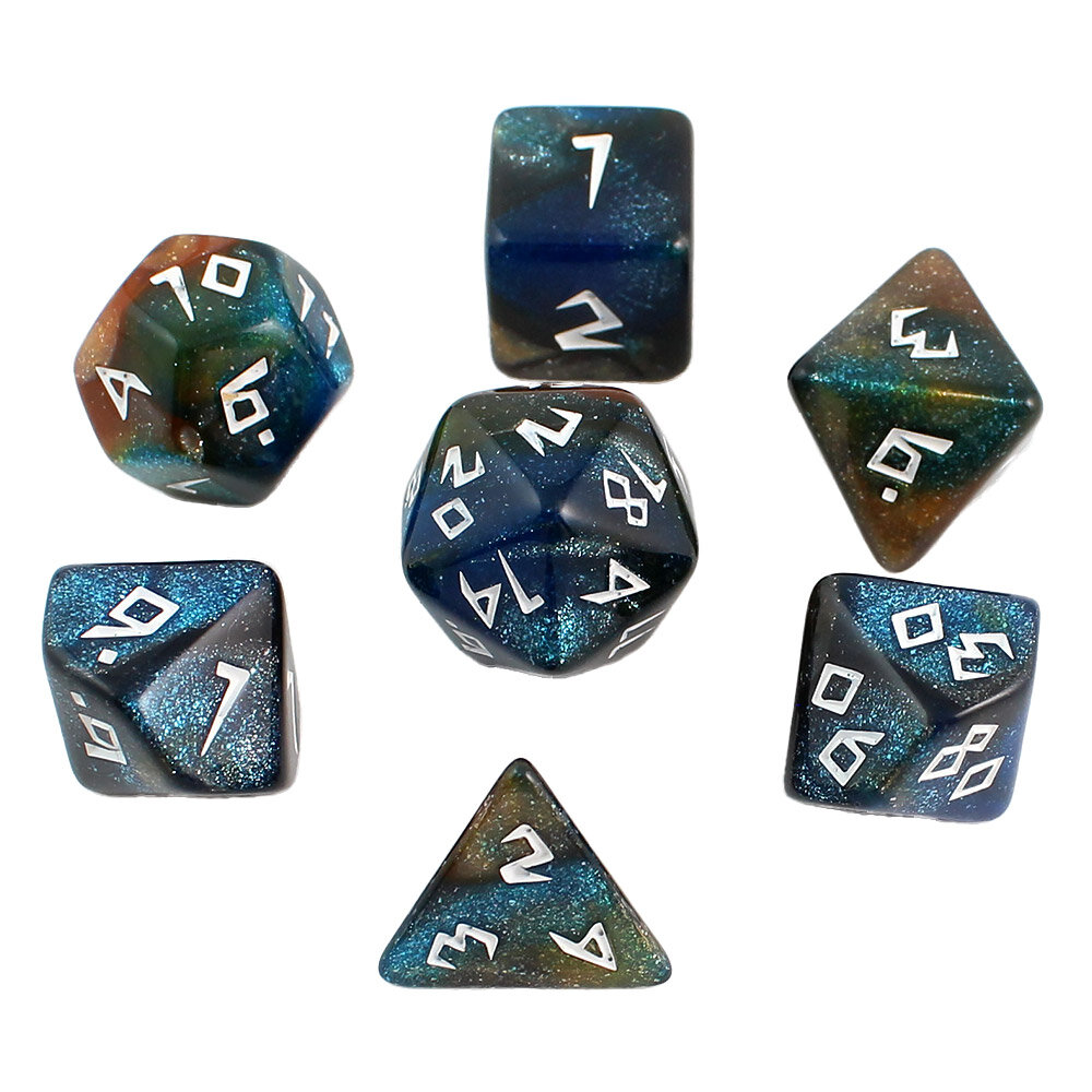 Zestaw 7 akrylowych kości RPG w kolorze granatowo-brązowym z brokatem i unikatową białą czcionką | Akrylowe Kości Bronze Nebula Lume Design