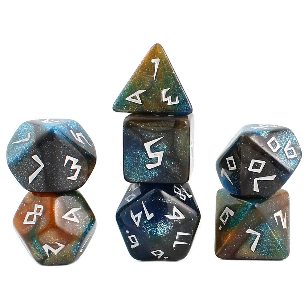 Zestaw 7 akrylowych kości RPG w kolorze granatowo-brązowym z brokatem i unikatową białą czcionką | Akrylowe Kości Bronze Nebula Lume Design