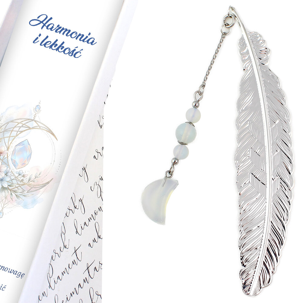 Cienka metalowa zakładka do książki pióro z zawieszką z kamienia opalitu w kształcie księżyca i koralików, w ozdobnym pudełku. Cienka metalowa zakładka do książki pióro z zawieszką z kamienia opalitu w kształcie księżyca i koralików, w ozdobnym pudełku.