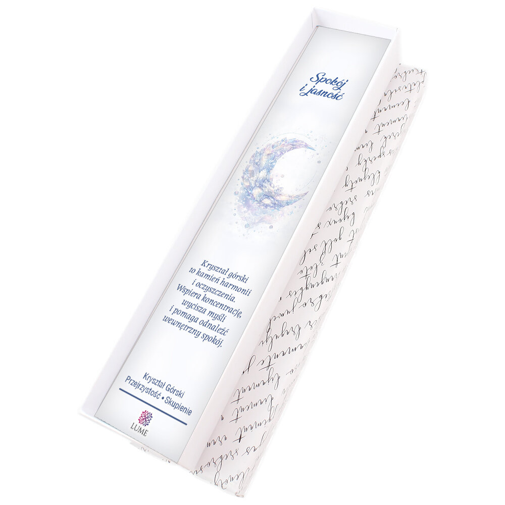 Cienka srebrna zakładka do książki pióro z zawieszką z kryształu górskiego w kształcie księżyca i ażurową rozetką w ozdobnym pudełku.