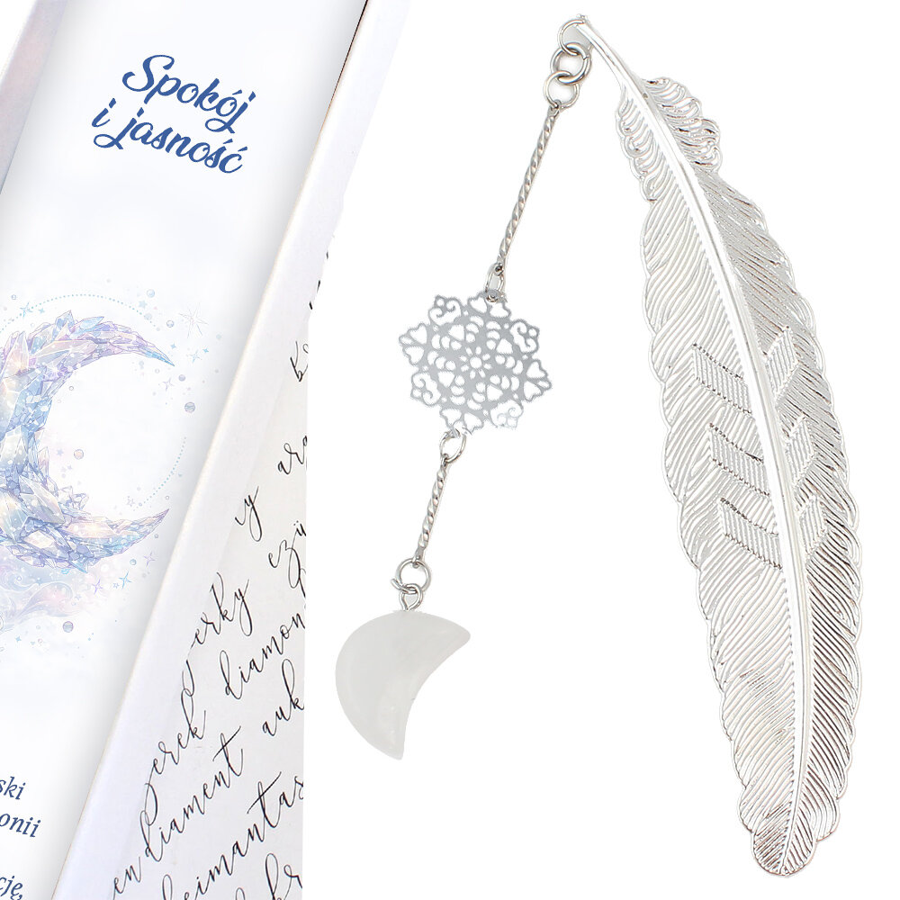 Cienka srebrna zakładka do książki pióro z zawieszką z kryształu górskiego w kształcie księżyca i ażurową rozetką w ozdobnym pudełku.